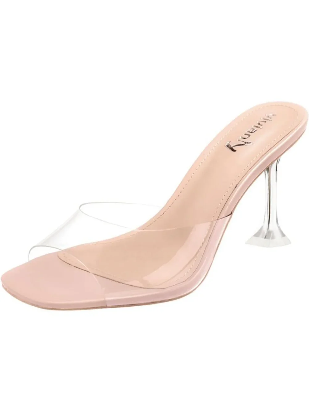 Women's Nude Stylish Square Open Toe Slip on Heeled Slides Sexy Mules Sandals